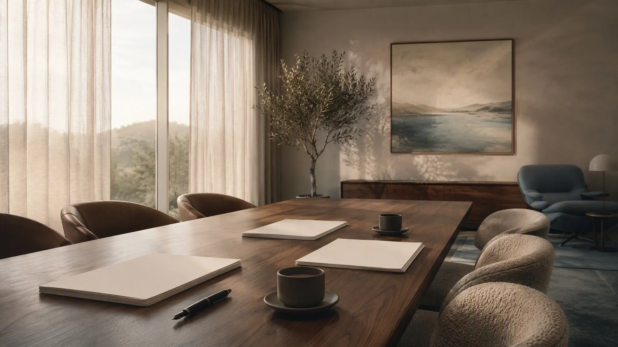 The quiet Merkel meeting room in morning light: walnut table, sheer curtains, and the day’s first coffee